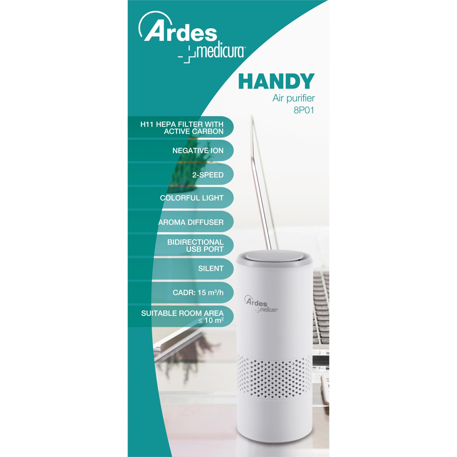 Ardes Purificatore d'aria Handy 8P01: Umidificatore bianco con filtro HEPA e porta USB.