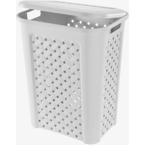 Cesto portabiancheria bianco con coperchio e motivo intrecciato.