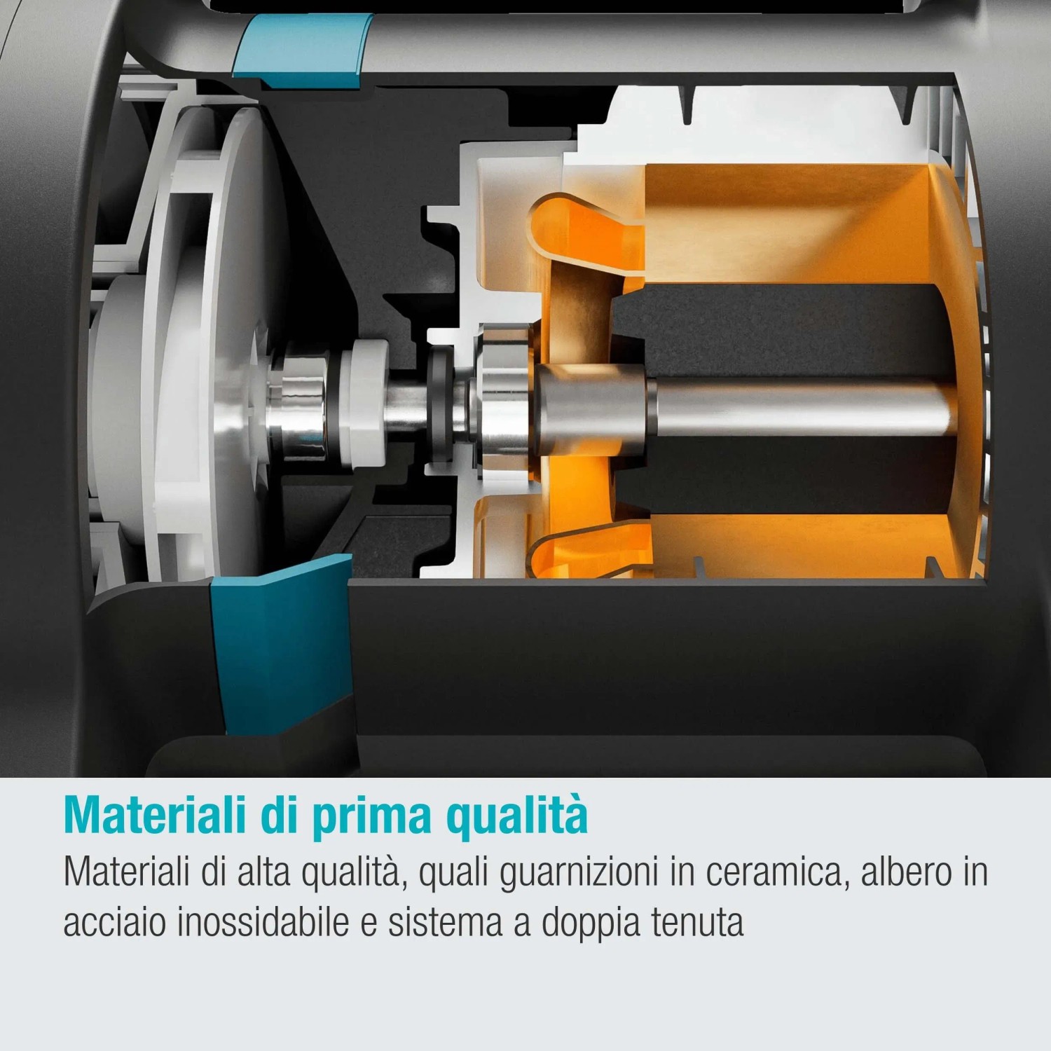 Vista interna di una pompa elettrica t.b.t. che mostra i materiali di alta qualità e la costruzione.