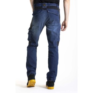 t.b.t. Pantaloni da lavoro in denim blu con tasche cargo, vista posteriore.