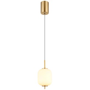 Lampada a sospensione t.b.t. dorata con paralume in vetro bianco opale per un'illuminazione elegante.