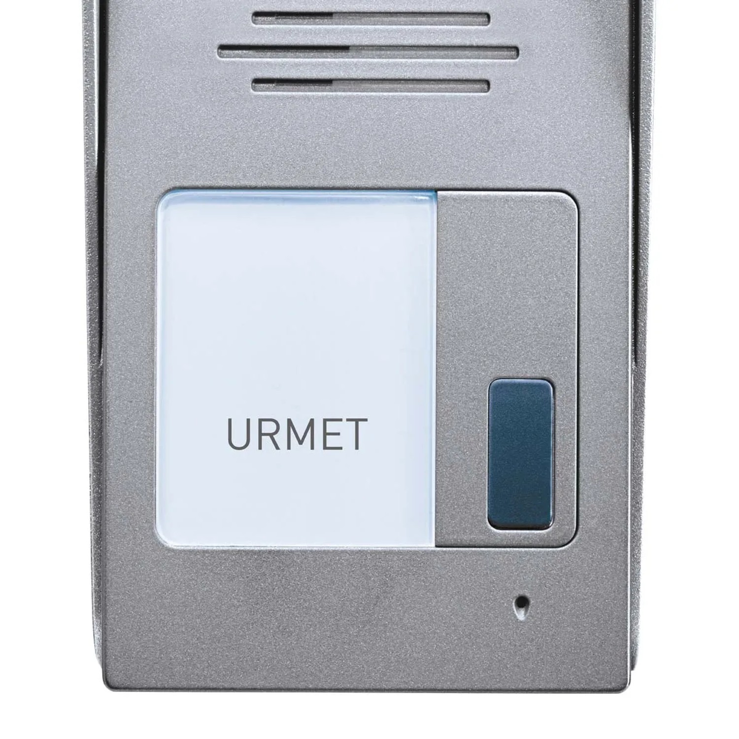Primo piano di un citofono Urmet grigio.
