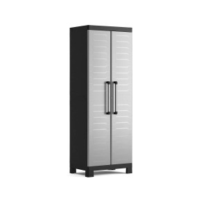 Armadio da balcone t.b.t. grigio con due ante e maniglie argentate.