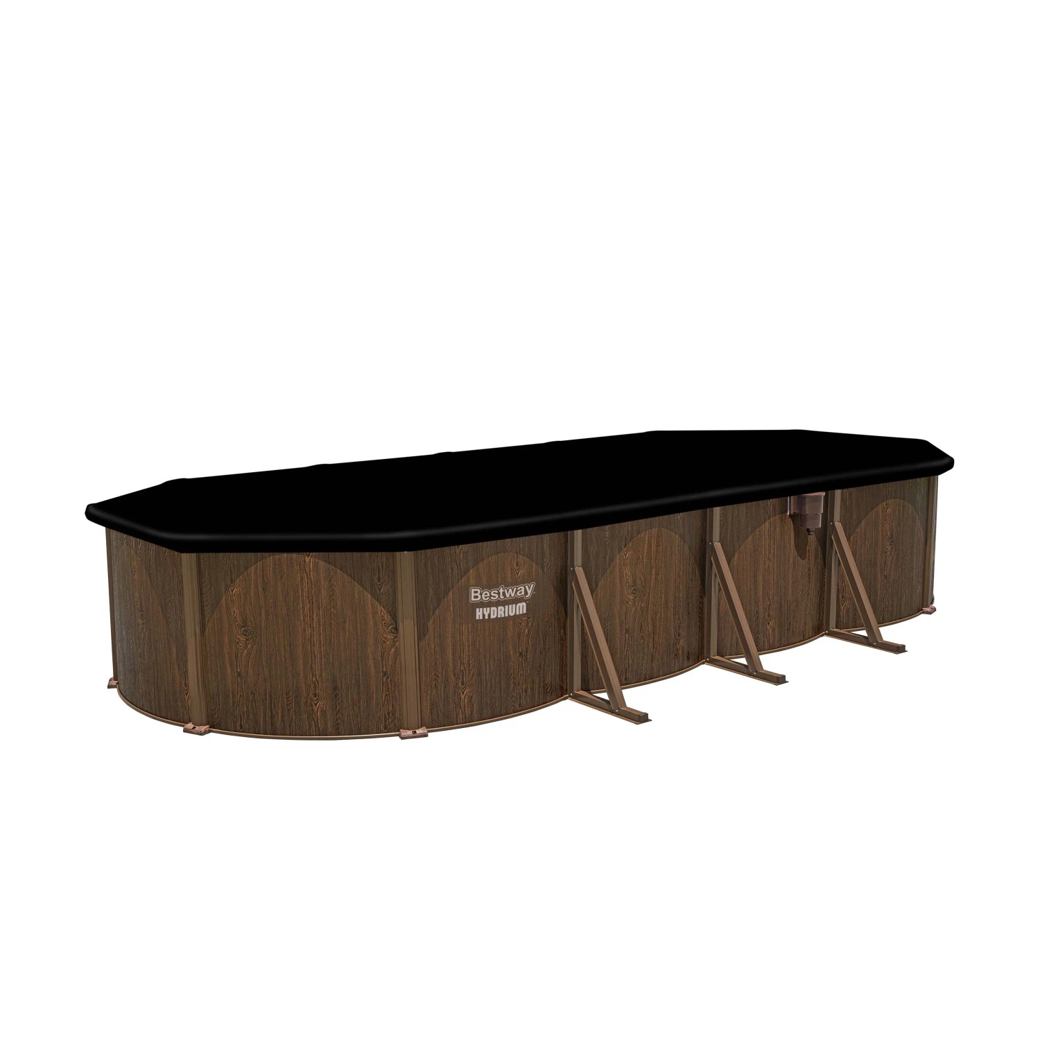 Piscina ovale Bestway Hydrium effetto legno con copertura nera.
