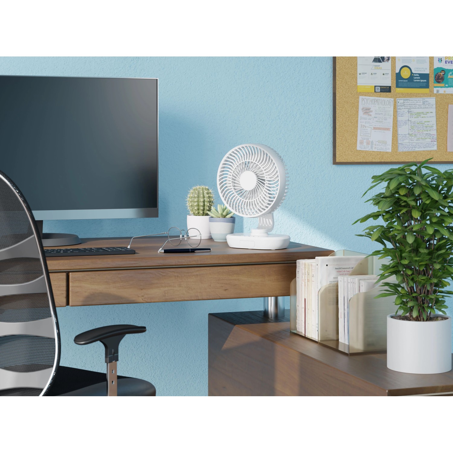 Ventilatore da tavolo a batteria bianco (Ø 20 cm) su scrivania con decorazioni.