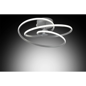 Plafoniera LED moderna t.b.t. con elementi luminosi curvi e brillanti.