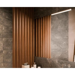 Bagno con specchio, pannelli in legno e accessori. Accessori per specchi.