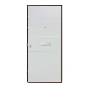 Porta blindata t.b.t. bianca con maniglia e telaio marrone.