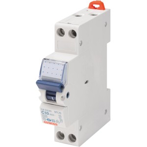 t.b.t. Interruttore magnetotermico, bianco con interruttore blu e leva rossa.