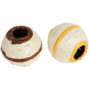 Due palline gioco per gatti in sisal con accenti colorati.