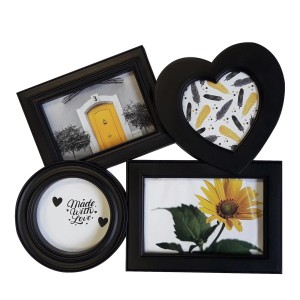 Collage di cornici nere con 4 cornici a forma di cuore, cerchio, rettangolo e quadrato.