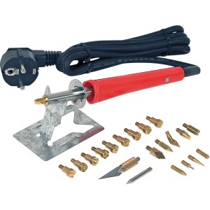 Set pirografo Rothenberger 30W con utensile, punte, timbri, supporto e coltello.
