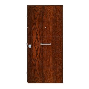 Porta blindata t.b.t. marrone con venature orizzontali e maniglia argentata.