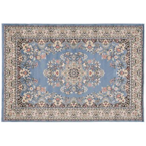 Tappeto blu con motivo floreale, ideale per ambienti moderni.
