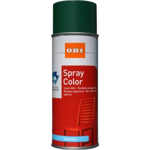 Bomboletta spray OBI Spray Color verde scuro con etichetta rossa e illustrazione di una sedia.
