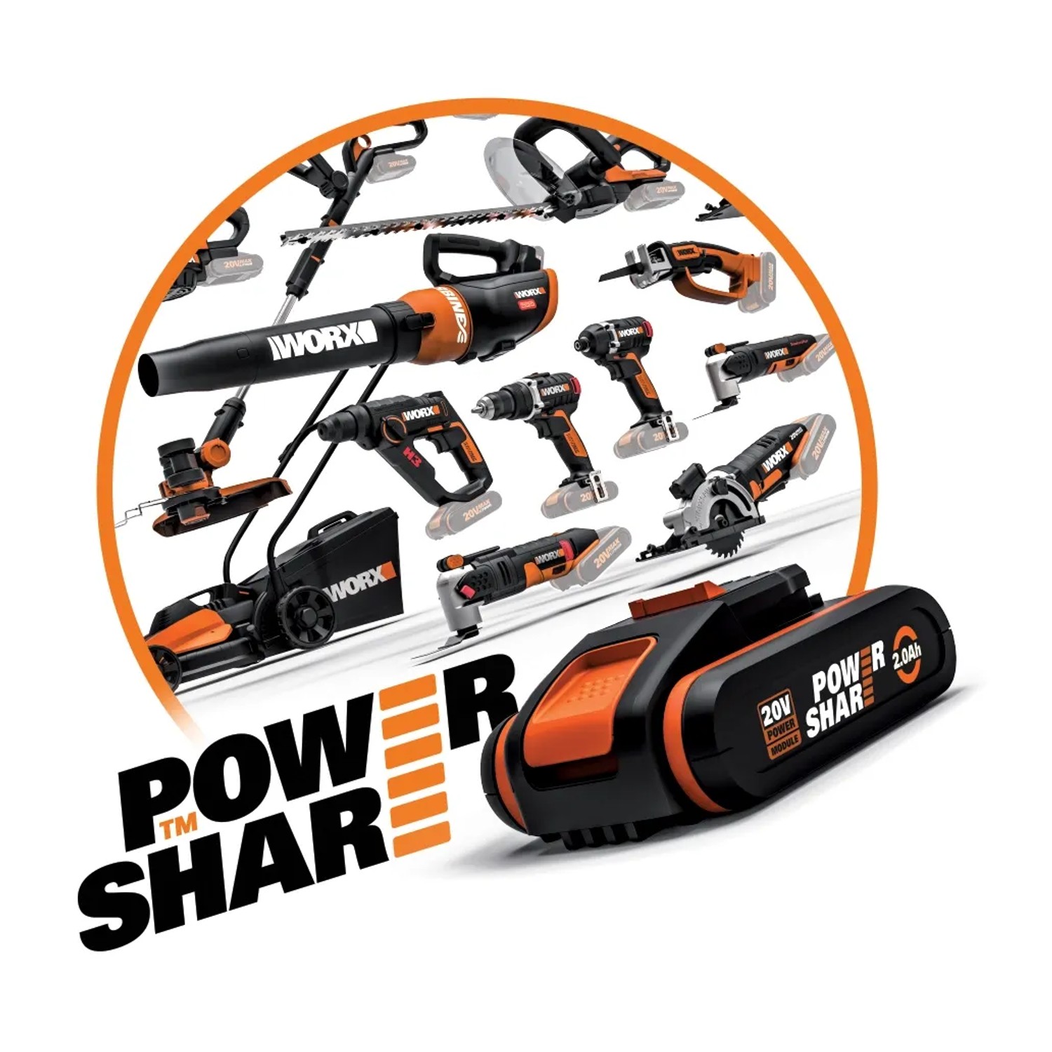 Batteria Worx PowerShare con attrezzi da giardino come tosaerba, tagliasiepi e trapano.