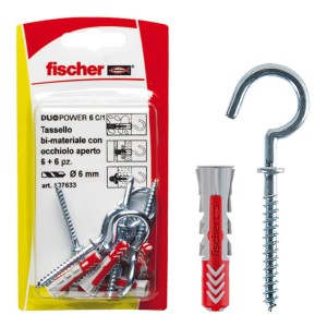 Fischer Tassello con gancio DuoPower 6 C/1, ideale per fissare oggetti a pareti e soffitti.