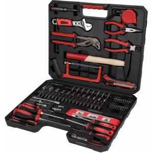 Set di attrezzi t.b.t. completo in valigetta nera con martello, cacciaviti, pinze e inserti.