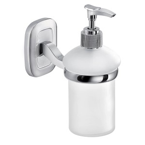 Dispenser sapone a muro con dettagli cromati e in vetro.