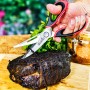 Forbici da carne Char-Broil tagliano arrosto su tagliere di legno. Utensile per grill con manici rossi.