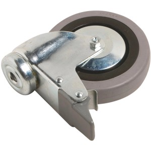 Ruota girevole Ø 100 mm con freno, foro passante e cuscinetto a sfere, portata 55 kg.
