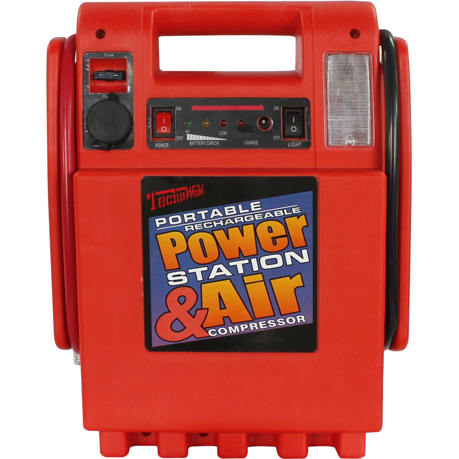 Stazione di alimentazione portatile rossa e compressore d'aria per auto.