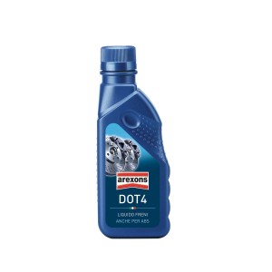 Contenitore blu di liquido freni DOT4 Arexons per la manutenzione auto.