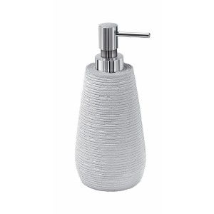 Dispenser sapone t.b.t. con superficie scanalata e pompa cromata.