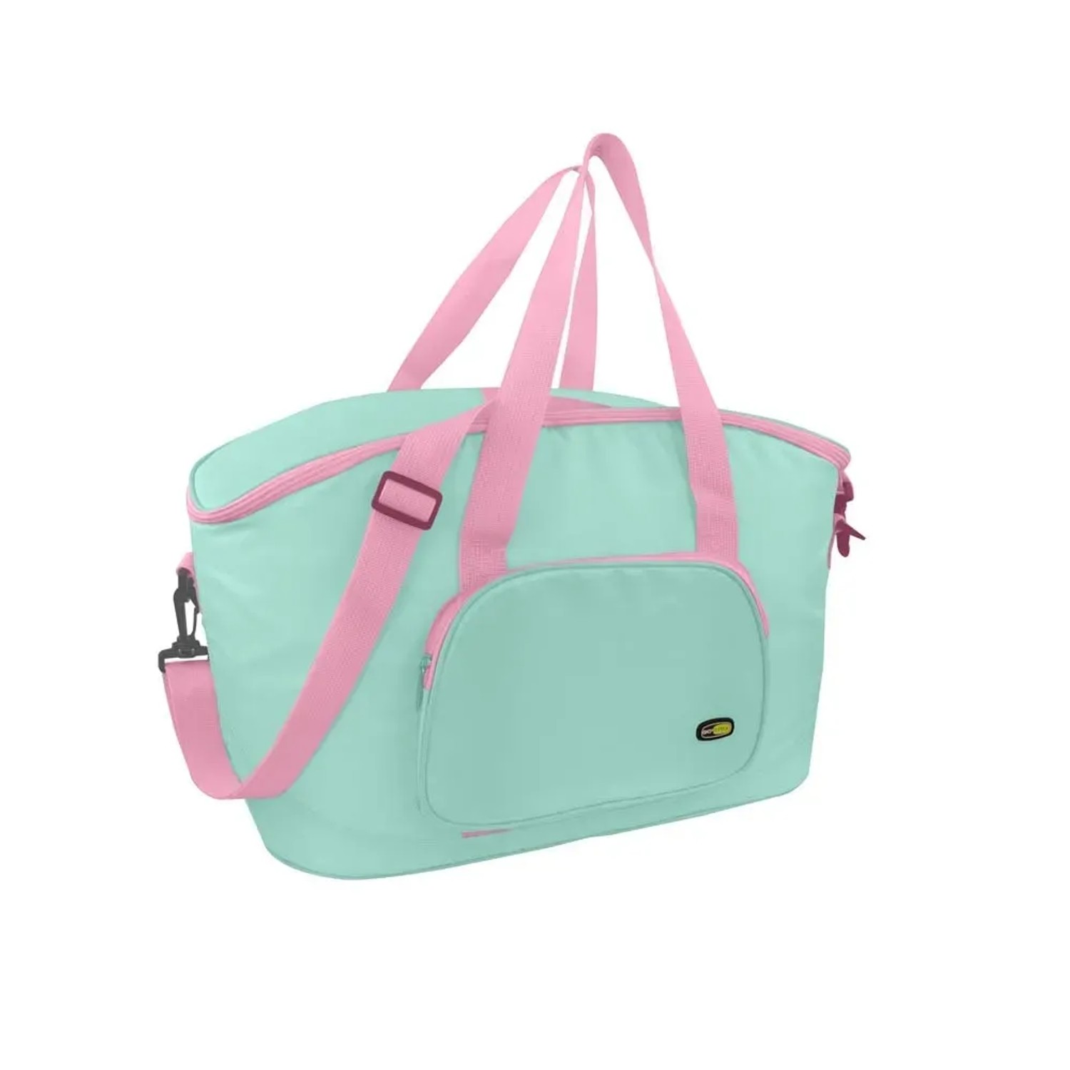 Borsa frigo t.b.t. verde menta e rosa per attrezzatura da campeggio.
