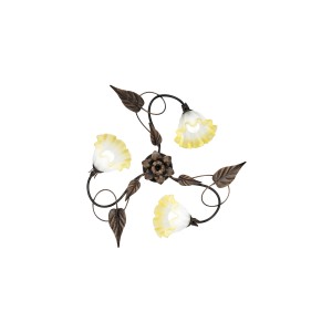 Plafoniere con tre paralumi a forma di fiore e decorazioni a foglia.