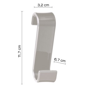 Gancio t.b.t. grigio per contenitori a parete, vista laterale con dimensioni.