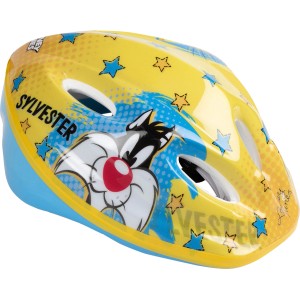 Casco da bici giallo-blu con motivo Sylvester per bambini.