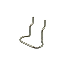 Gancio in metallo per pannelli forati per il montaggio a parete di oggetti.