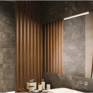 Bagno moderno con pannelli in legno e applique bagno. Design elegante.