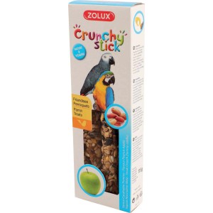 Zolux Crunchy Stick snack per uccelli con mela e arachidi, ideale come integratore alimentare per pappagalli.