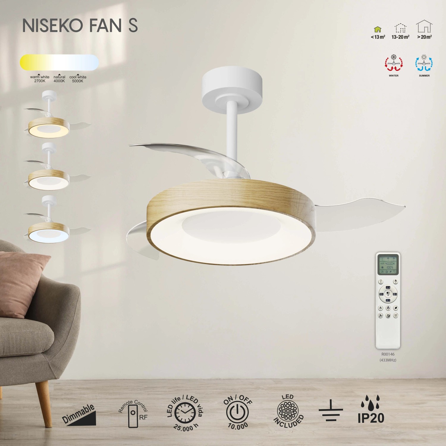 Plafoniere LED moderna t.b.t. con effetto legno e telecomando.