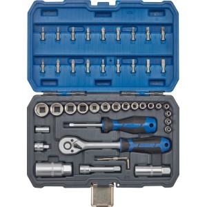 Set di chiavi a bussola LUX-TOOLS da 44 pz. in valigetta blu con cricchetto, bussole e inserti per avvitare.