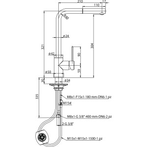 Disegno tecnico: miscelatore monocomando t.b.t. con dimensioni.