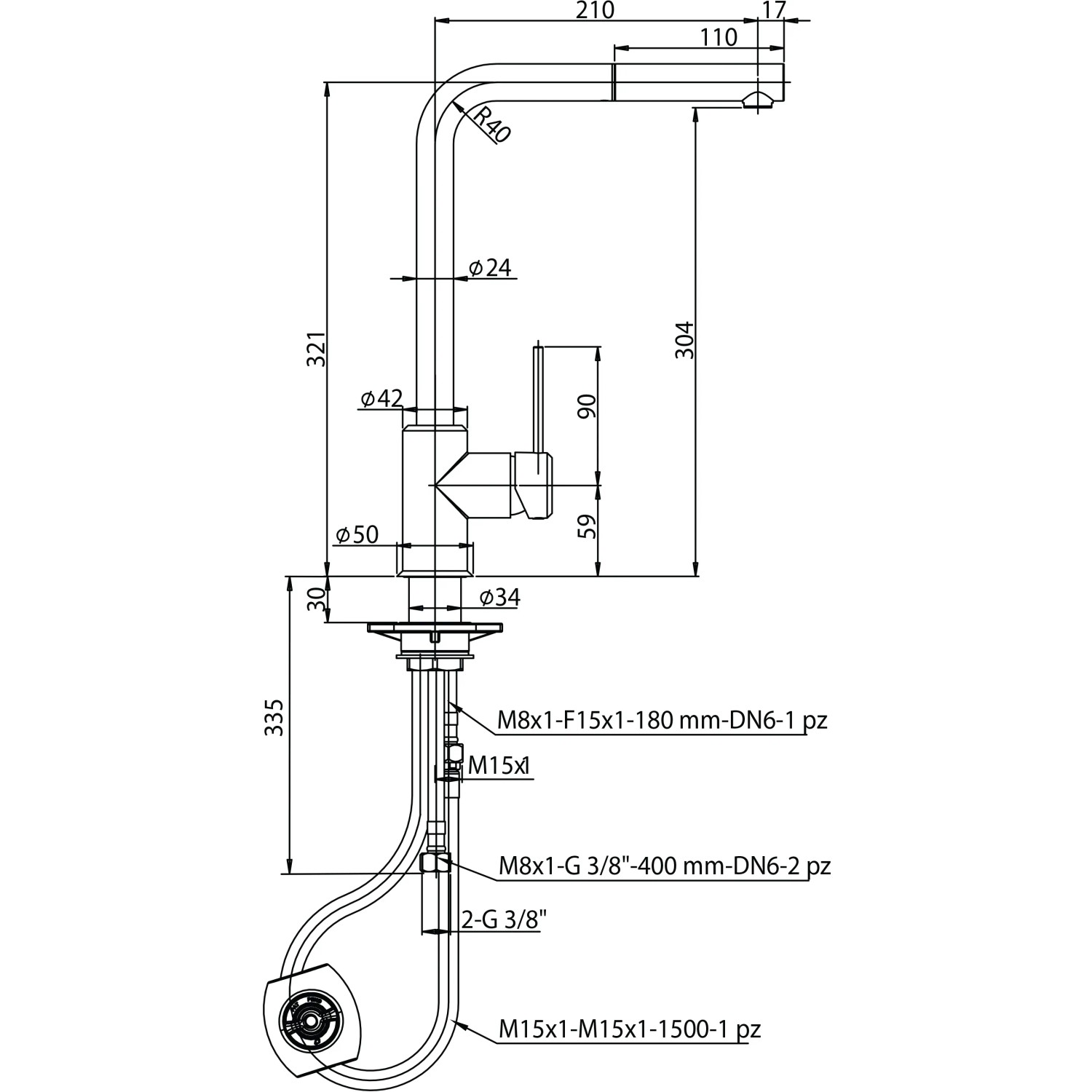 Disegno tecnico: miscelatore monocomando t.b.t. con dimensioni.
