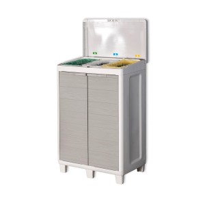 Mobile raccolta differenziata bianco con due ante grigie e coperchio aperto.