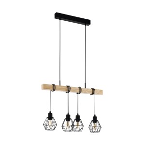Lampada a sospensione Eglo Townshend 5 in nero e marrone con quattro paralumi in stile industriale.