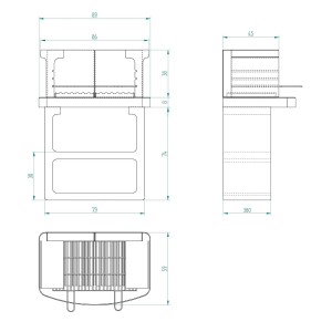 Disegno tecnico del barbecue in muratura t.b.t. con dimensioni.