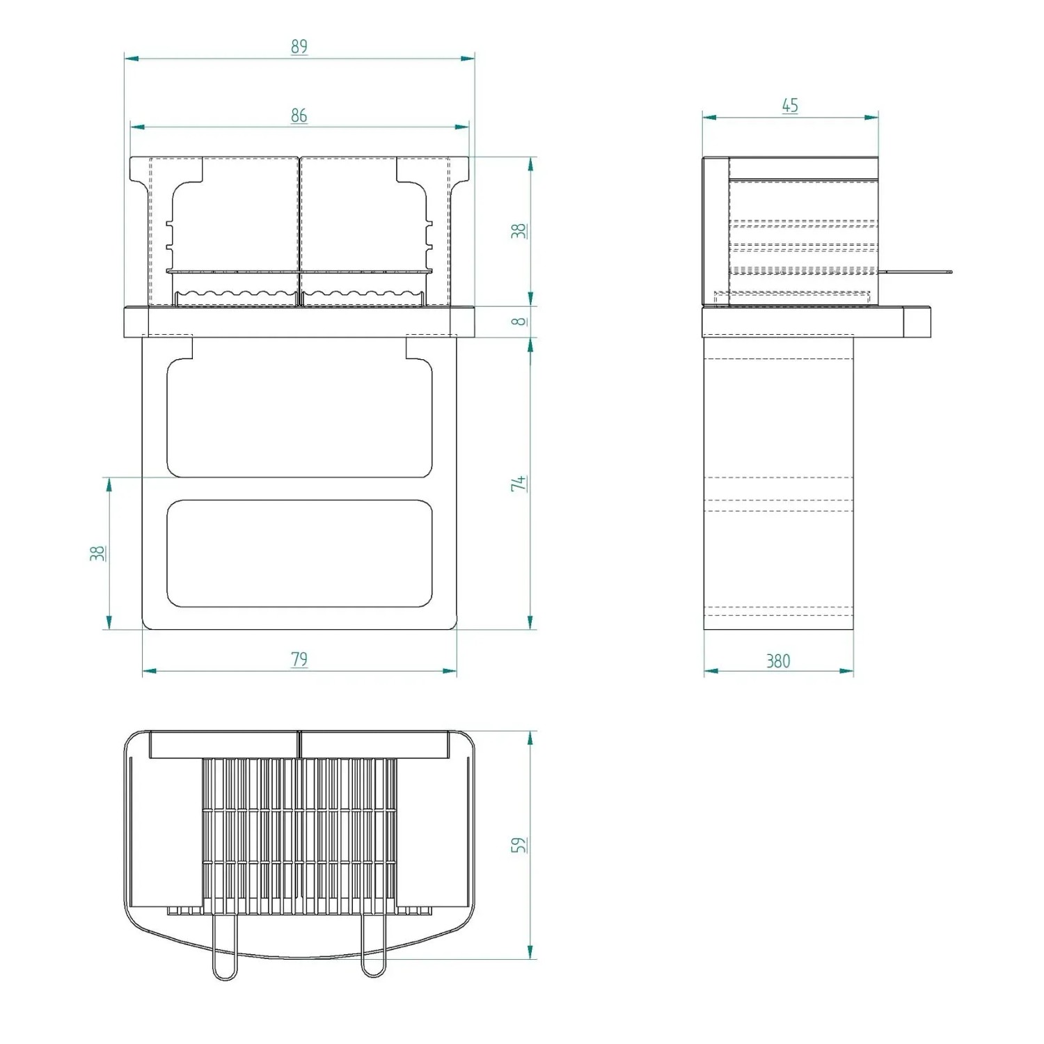 Disegno tecnico del barbecue in muratura t.b.t. con dimensioni.