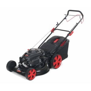 Tagliaerba a scoppio nero con dettagli rossi e cesto di raccolta.