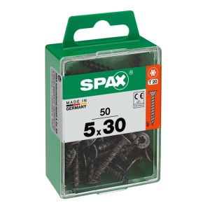 Viti universali SPAX 5x30, 50 pezzi in contenitore di plastica verde.
