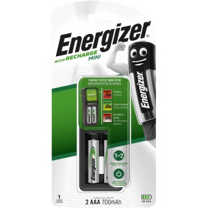 Caricabatterie Mini Energizer per batterie AA/AAA con indicatore LED e 2 batterie AAA incluse.