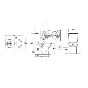 Disegno tecnico WC monoblocco con misure e dettagli su S-Trap e P-Trap.