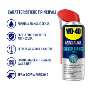 Spray grasso bianco al litio WD-40 Specialist, ideale per lubrificazione e protezione dalla corrosione.