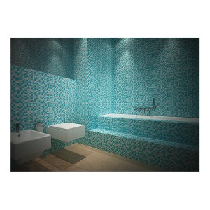 Bagno con piastrelle a mosaico turchesi su parete e vasca.