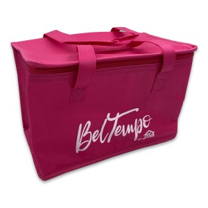Borsa frigo rosa con manici e cerniera per la cucina.